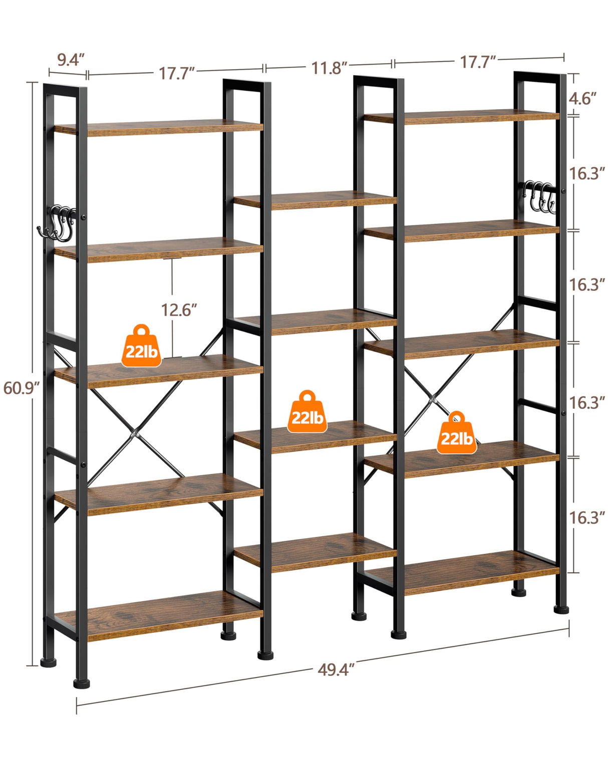 Furologee Triple 5 Tier Bookshelf, Bookcase with 14 Open Display Shelves, Wide Etagere Book Shelf, Industrial Shelving Units for Home Office, Living Room, Bedroom, Rustic Brown Furologee
