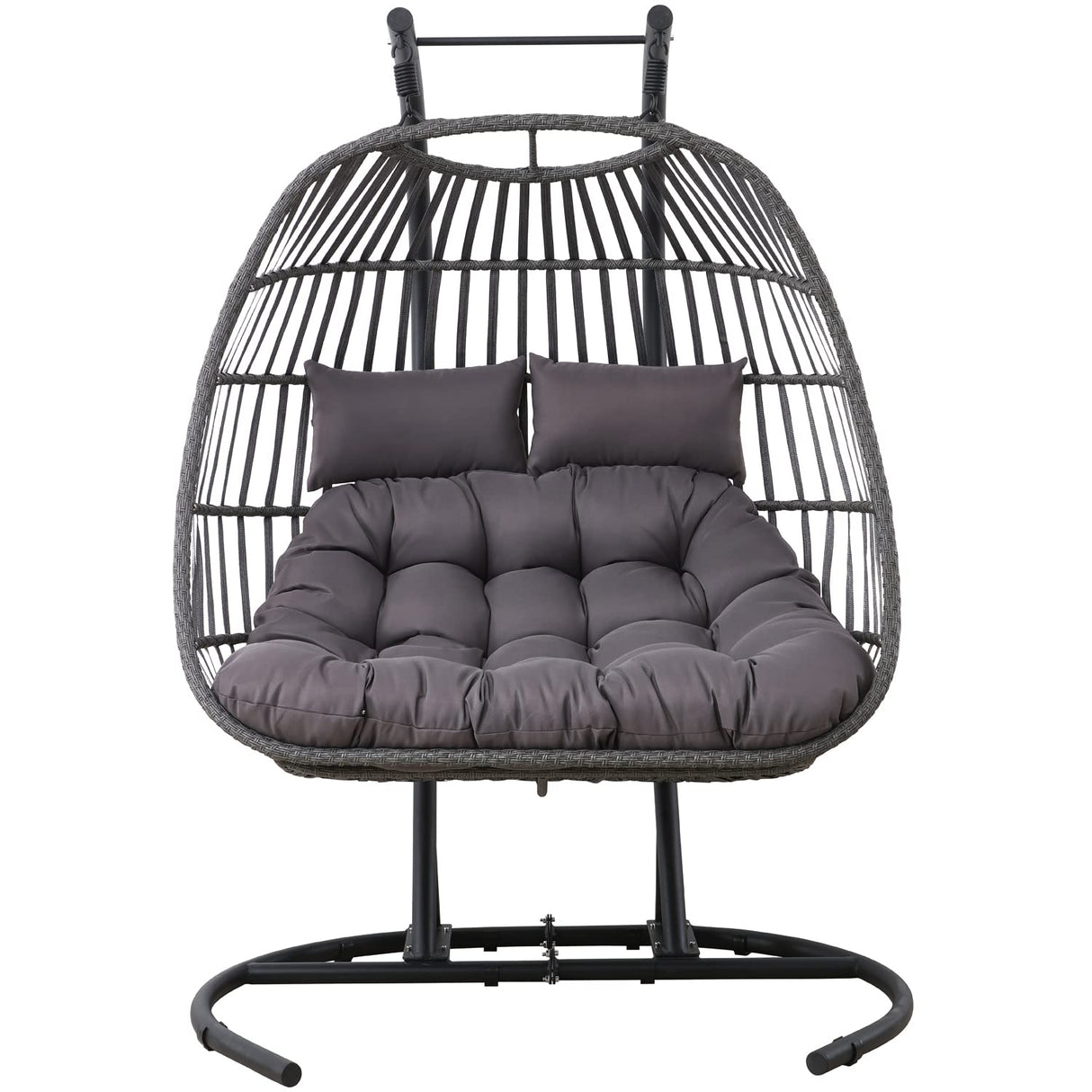 OTSUN Double Egg Swing Chair, Outdoor Wicker Hammock Chair with Cushions and Headrest Pillow, 2 Person Patio Hanging Chair for Indoor Patio Porch Garden, Black OTSUN