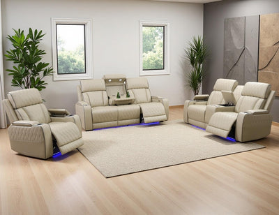 Anthato Power Recliner Sofa Set, Living Room Furniture Sets, Leather Reclining Sofa Set, Recliner Couch Loveseat and Chair with Coffee Table/Cup Holders/Charging Port for Home Theater Seat, Khaki