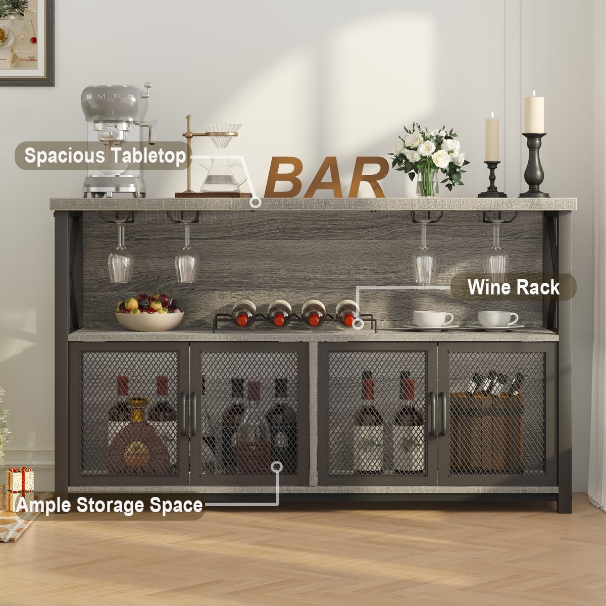 LVB Liquor Home/ Coffee Bar Cabinet, Industrial Farmhouse Modern Sideboard Buffet Cabinet for liquor and glasses with Wine Rack Storage for Kitchen Dining Living Room, Light Grey Oak 47 in LVB