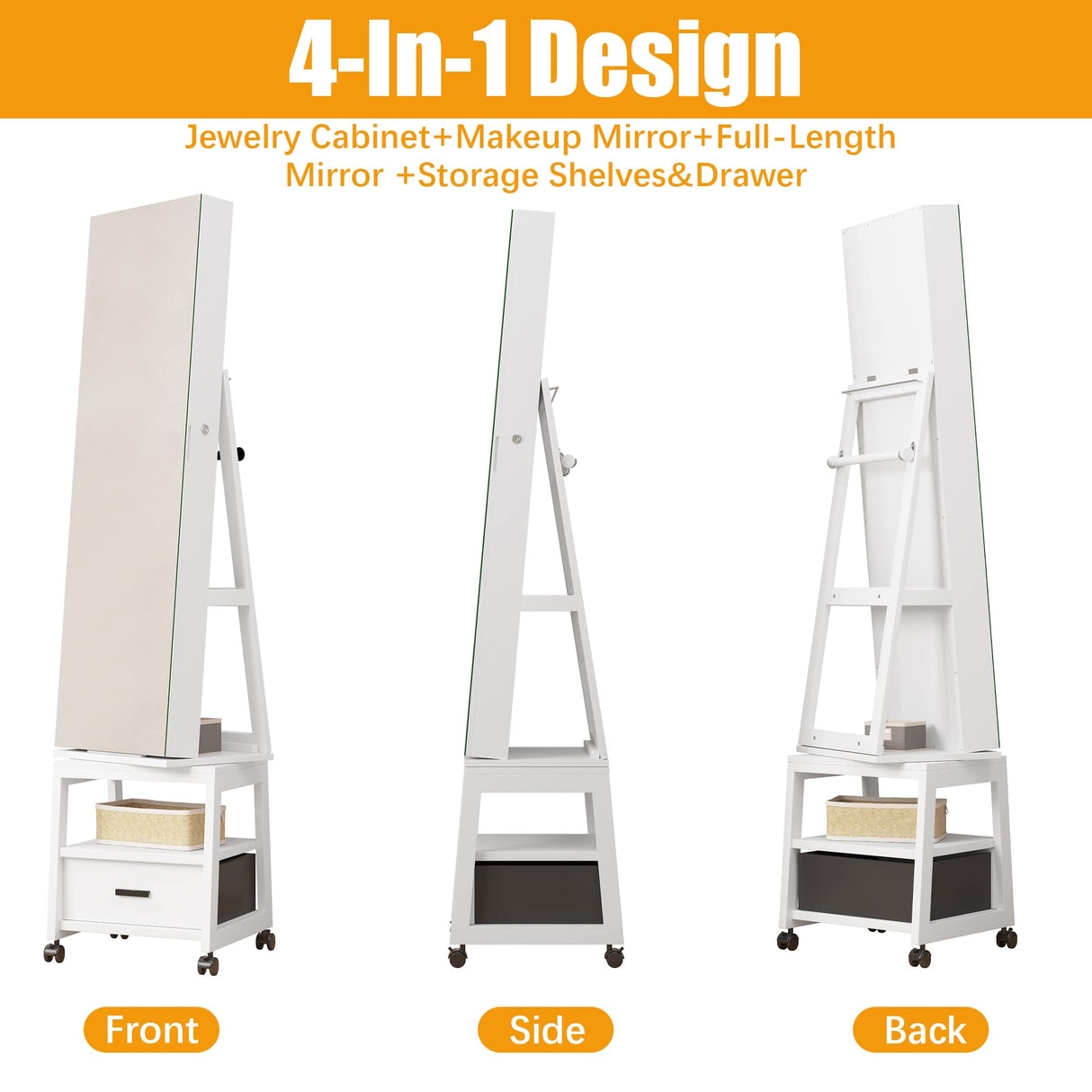 Alkmaar 360° Swivel Jewelry Armoire, Floor Standing Locking with Full Length Mirror,Bottom Drawer, Shelf, Wheels,White Cabinet with Large Storage Capacity (White push-pull) Alkmaar