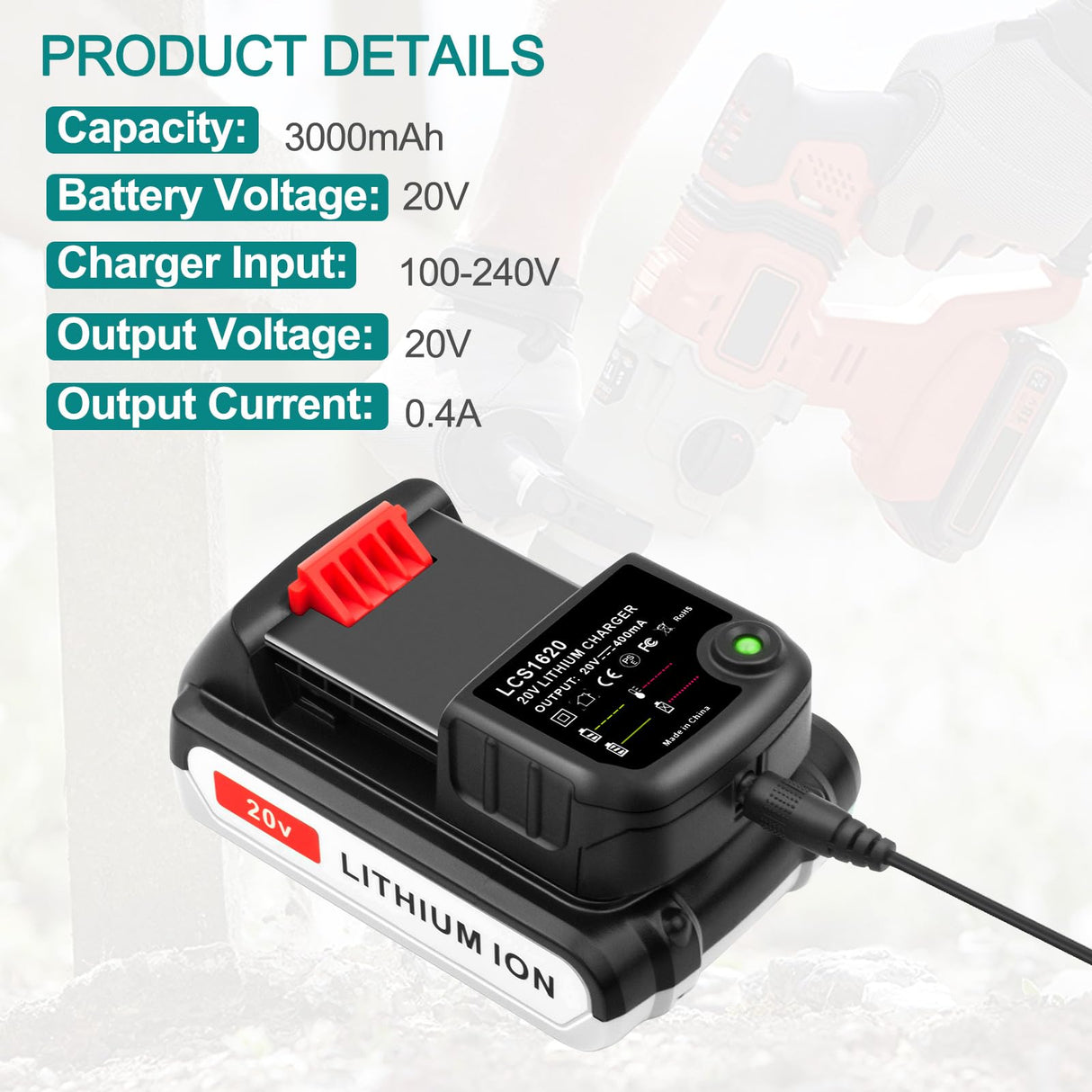 ADVTRONICS 20V Lithium Battery and Charger Replacement for BLACK+DECKER 20V MAX Lithium Ion Battery + Charger LBXR20 LB20 LBX20 LBXR2020-OPE LBX4020 ADVTRONICS