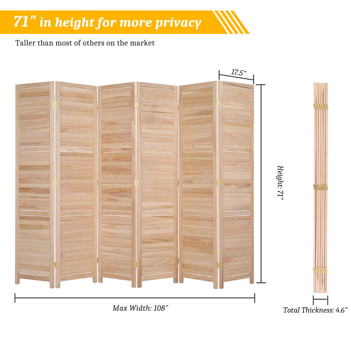 Bonnlo Wood Room Divider Privacy Screen, 5.9 Ft Tall Folding Partition Wall Divider, Indoor Freestanding Hinged Space Separator (Natural, 6 Panel) Bonnlo