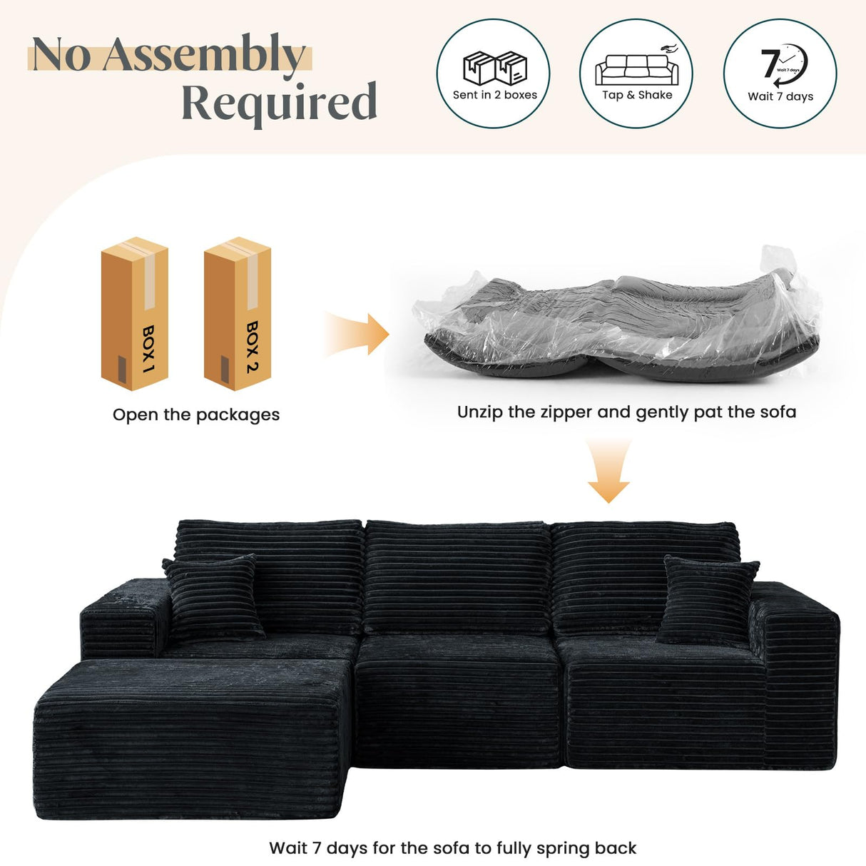 MODNEST 108" Modular Sectional Sofa Cloud Couch with Deep Seats, L Shape Foam Couch with Chaise and Movable Ottoman, Sectional Couches for Living Room, Comfy Boneless Sofa No Assembly, Black MODNEST