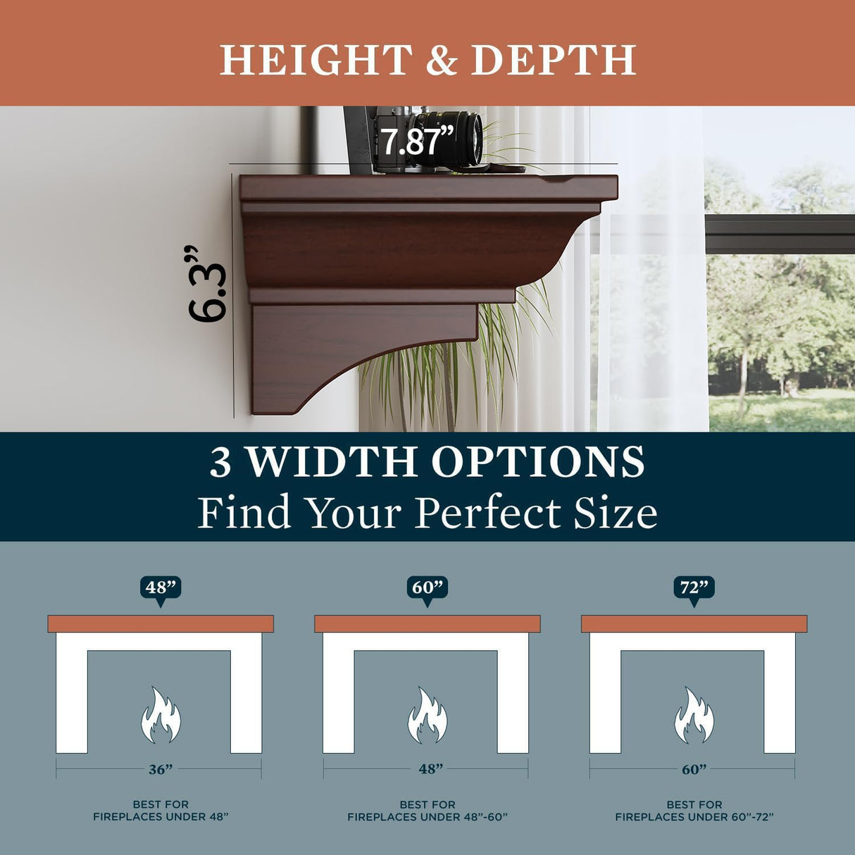 Fireplace Mantel, 60 Inch Rustic Fireplace Mantle with Arched Corbels, 100 lbs Weight Capacity Fire Place Mantel, Natural Wood Mantles for Over Fireplace, Fire Place Mantel for Living Room (Walnut) KALSUBO