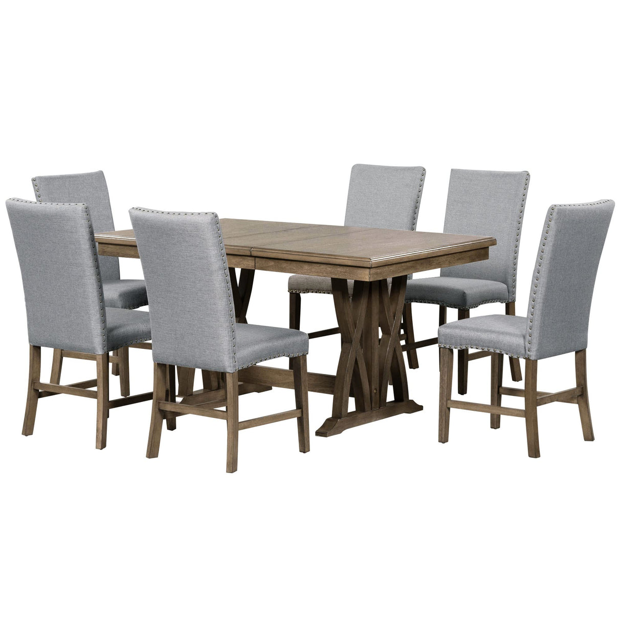 CITYLIGHT 7 Piece Dining Table Set, Extendable Table with 12” Leaf and 6 Upholstered Chairs, Wood Rectangular Dining Set, Mid-Century Kitchen Dining Table Set for 6 People (Golden Brown+Gray Cushion) CITYLIGHT