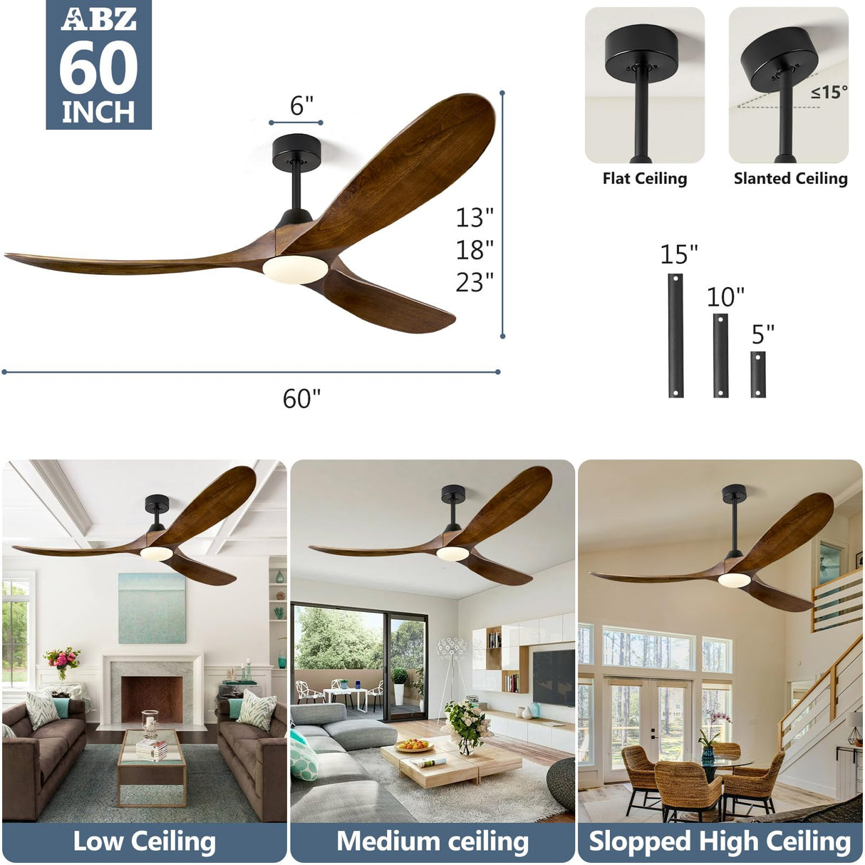 ABZ Ceiling Fans with Lights - 60 inch Propeller Ceiling Fan with Remote Control, 3 Blades Walnut Solid Wood Ceiling Fan for Indoor Outdoor Patio Bedroom Living Room Kitchen ABZ