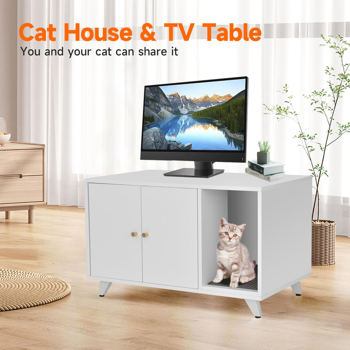 QuicMiou Cat Litter Box Enclosure, Hidden Litter Box Furniture Washroom Storage Cabinet, Modern Cat House with Scratche Pad (White) QuicMiou