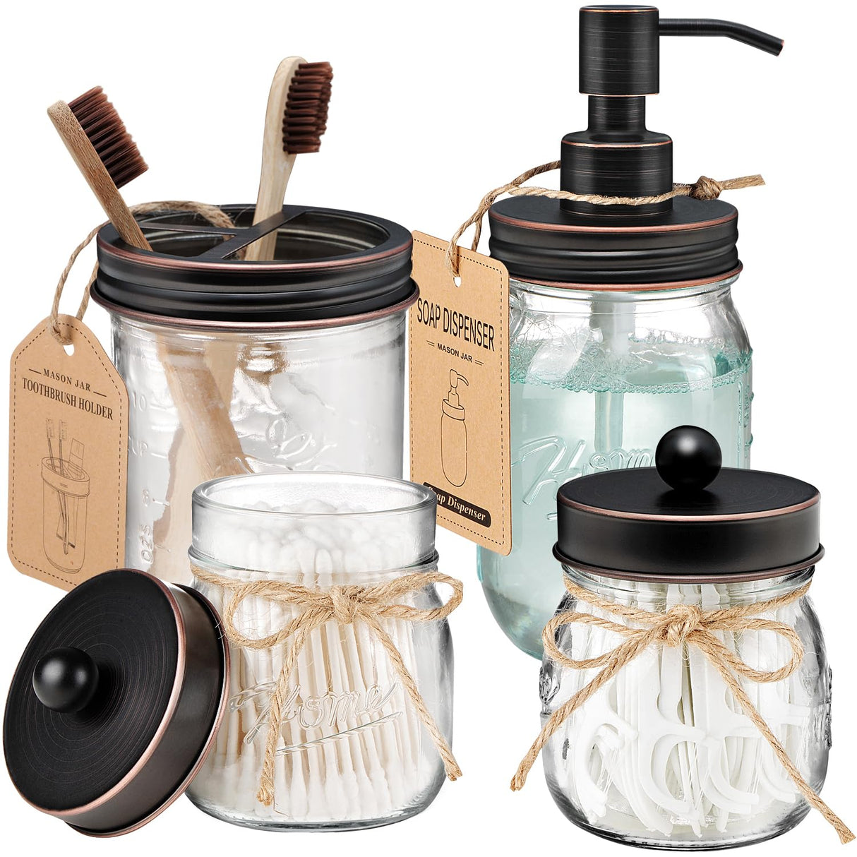 Amolliar Mason Jar Bathroom Accessories Set 4 Pcs -Lotion Soap Dispenser & 2 Qtip Holders & Toothbrush Holder - Rustic Farmhouse Decor, Bathroom Home Decor, Perfect Decorating Idea (Oil Rubbed Bronze) Amolliar