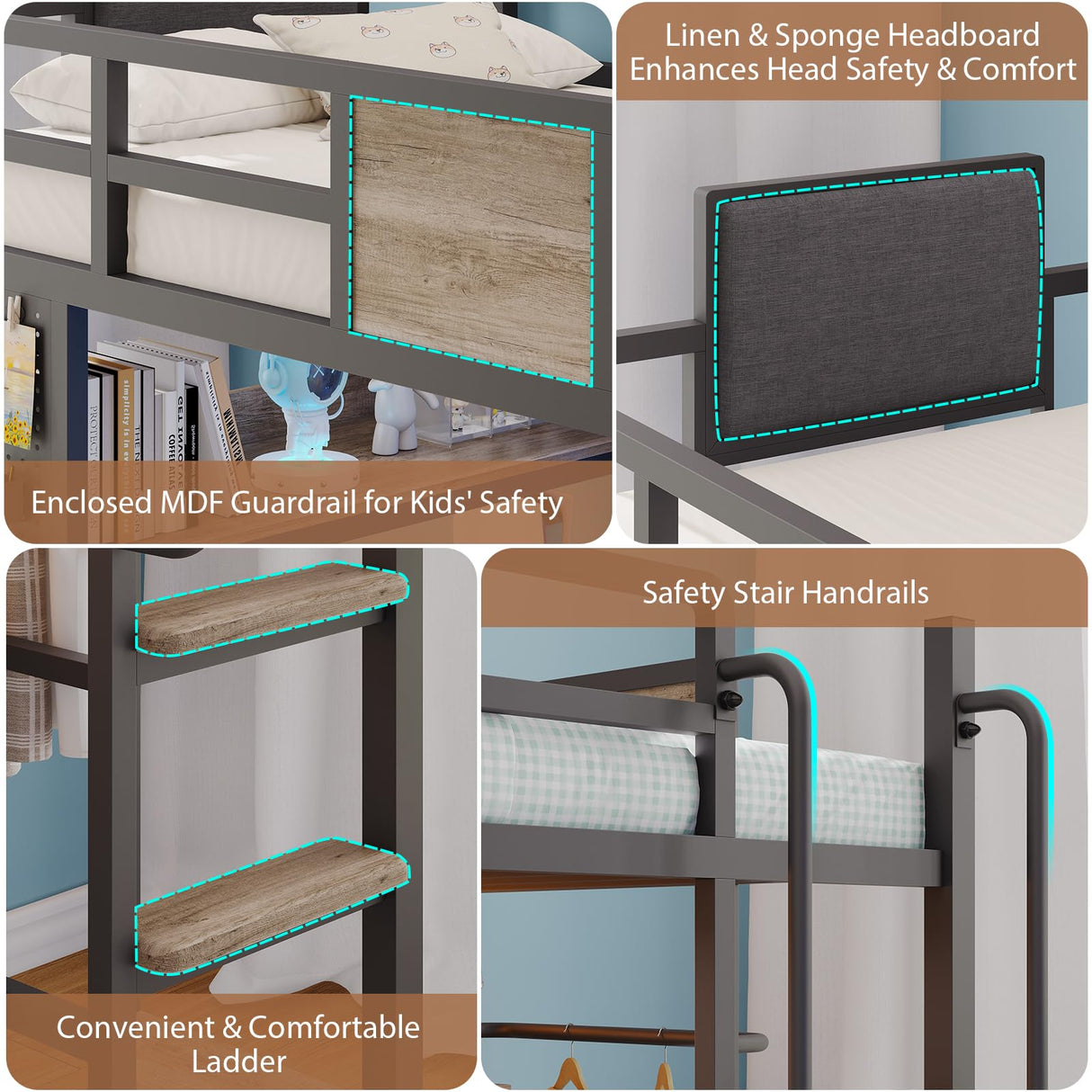Twin Loft Bed with Desk and 5 Storage Drawers,Loft Bed Twin Size with LED Lights and Charging Station, Metal Bunk Bed Frame with Ladder, Clothes Rail,Noise Free,Oak Gray Dnxao