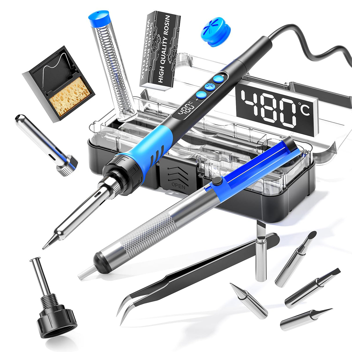 Soldering Iron Kit, 90W 110V LCD digital soldering gun,12-in-1 Soldering Iron Kit Tool,Temperature adjustable from 180-480°C,5 soldering tips,soldering wire,soldering paste,soldering pump MEAKEST