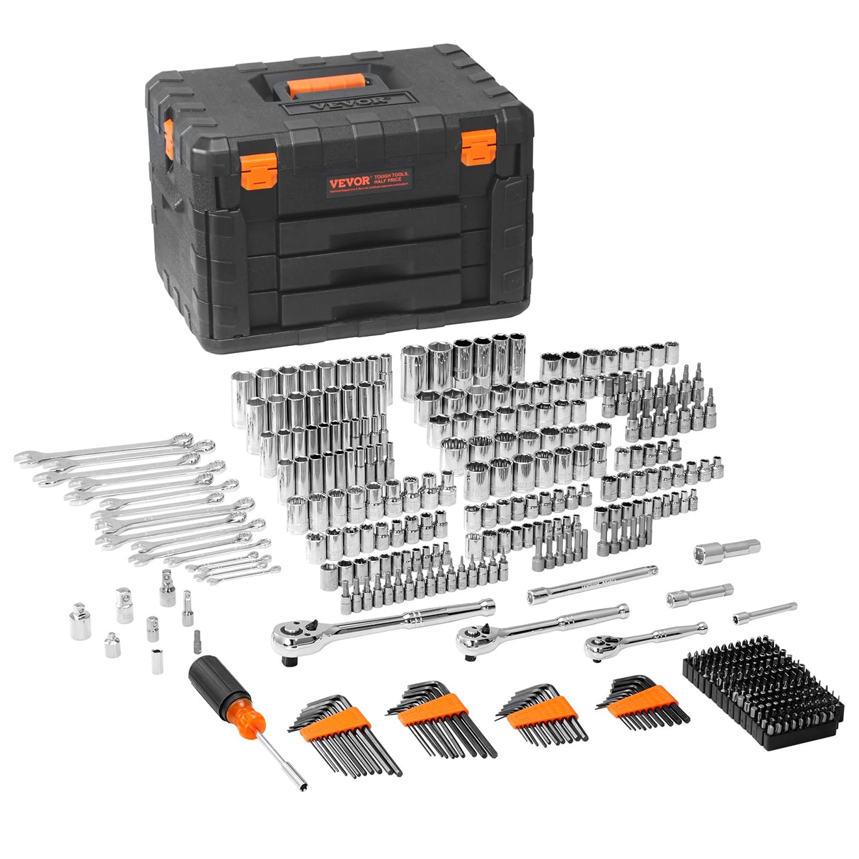 VEVOR Mechanics Tool Set and Socket Set, 1/4" 3/8" 1/2" Drive Deep and Standard Sockets, 450 Pcs SAE and Metric Mechanic Tool Kit with Bits, Combination Wrench, Hex Wrenches, Accessories, Storage Case VEVOR