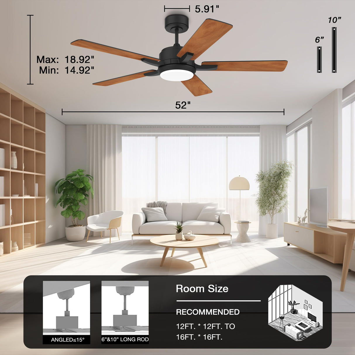 Hoenofly 52” Smart Ceiling Fans with Lights and Remote,Quiet DC Motor,Outdoor Indoor Wood& Black Ceiling Fan,Voice Control via WIFI Alexa App,Modern Dimmable LED Ceiling Fan for Bedroom Patio Porch Hoenofly