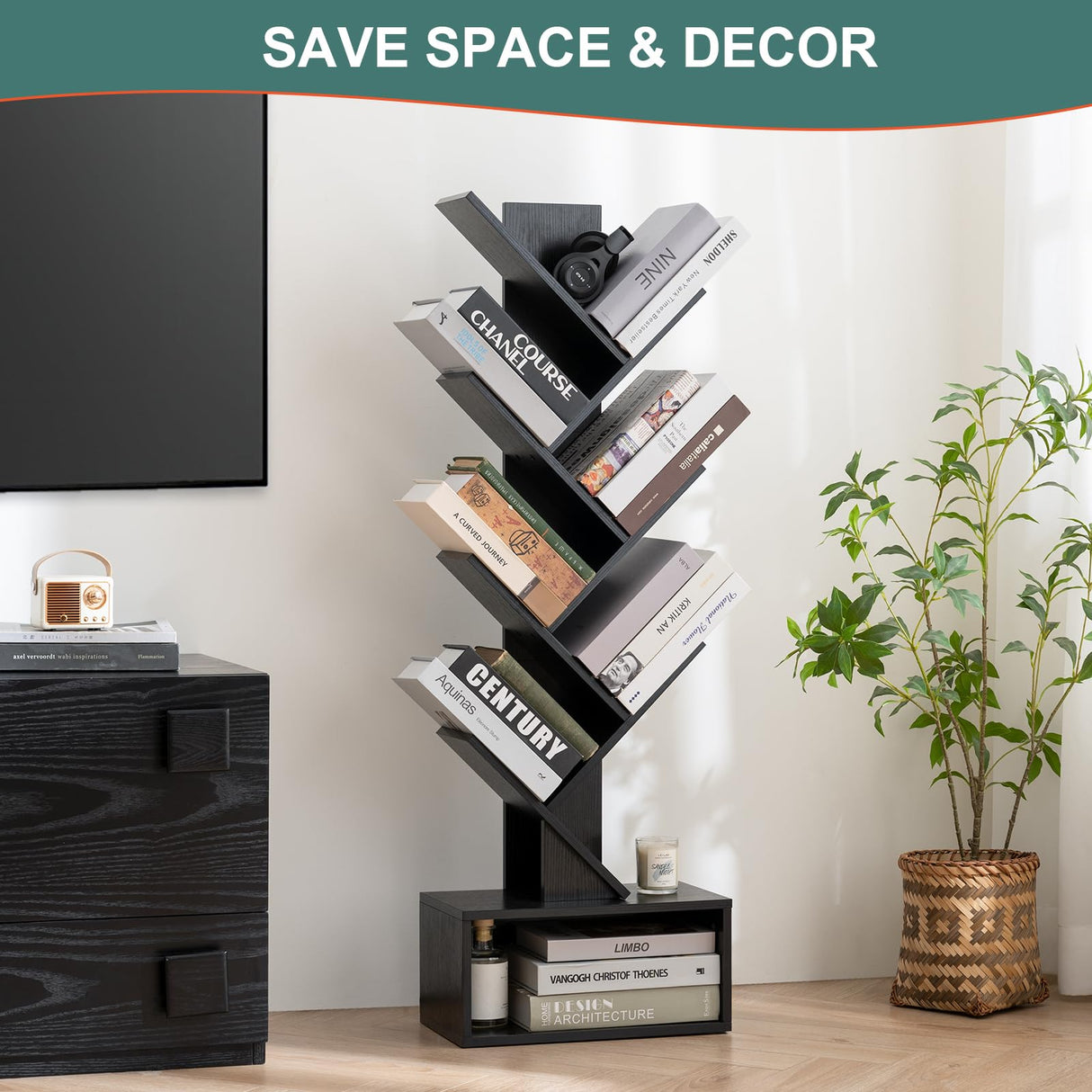 Yoobure Tree Bookshelf - 6 Shelf Retro Floor Standing Bookcase, Tall Wood Book Storage Rack for CDs/Movies/Books, Utility Book Organizer Shelves for Bedroom, Living Room, Home Office, Black Yoobure