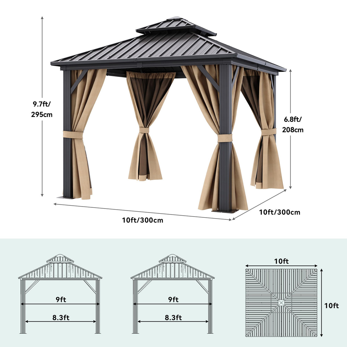 YITAHOME 10X10FT Hard Top Metal Gazebo Patios Double Roof Canopy Aluminum Frame Garden Gzebo Tent Curtains Netting for Patios Backyards Decks Lawns Brown YITAHOME