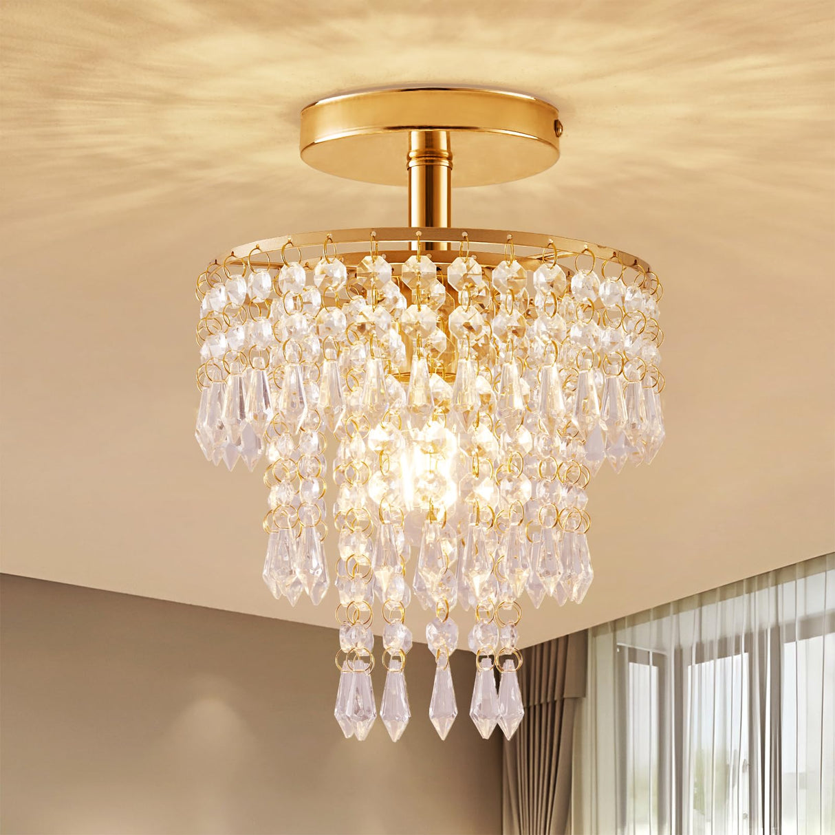 Modern Mini Crystal Chandelier, 3-Tier Raindrops Design Small Chandelier Light Fixture, Flush Mount Ceiling Light Fixture for Bedroom, Hallway, Living Room - E26 Base, Chandelier for Bedroom (Gold) Cyaruy