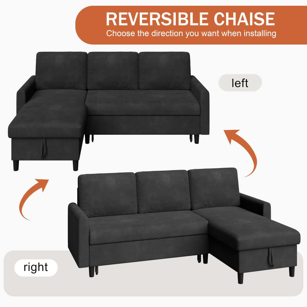 Vongrasig Pull Out Couch, Convertible Sleeper Sofa Bed with Storage, L-Shaped Sofa Bed with Storage Chaise Linen Fabric for Living Room, Apartment, Small Space, Black Vongrasig