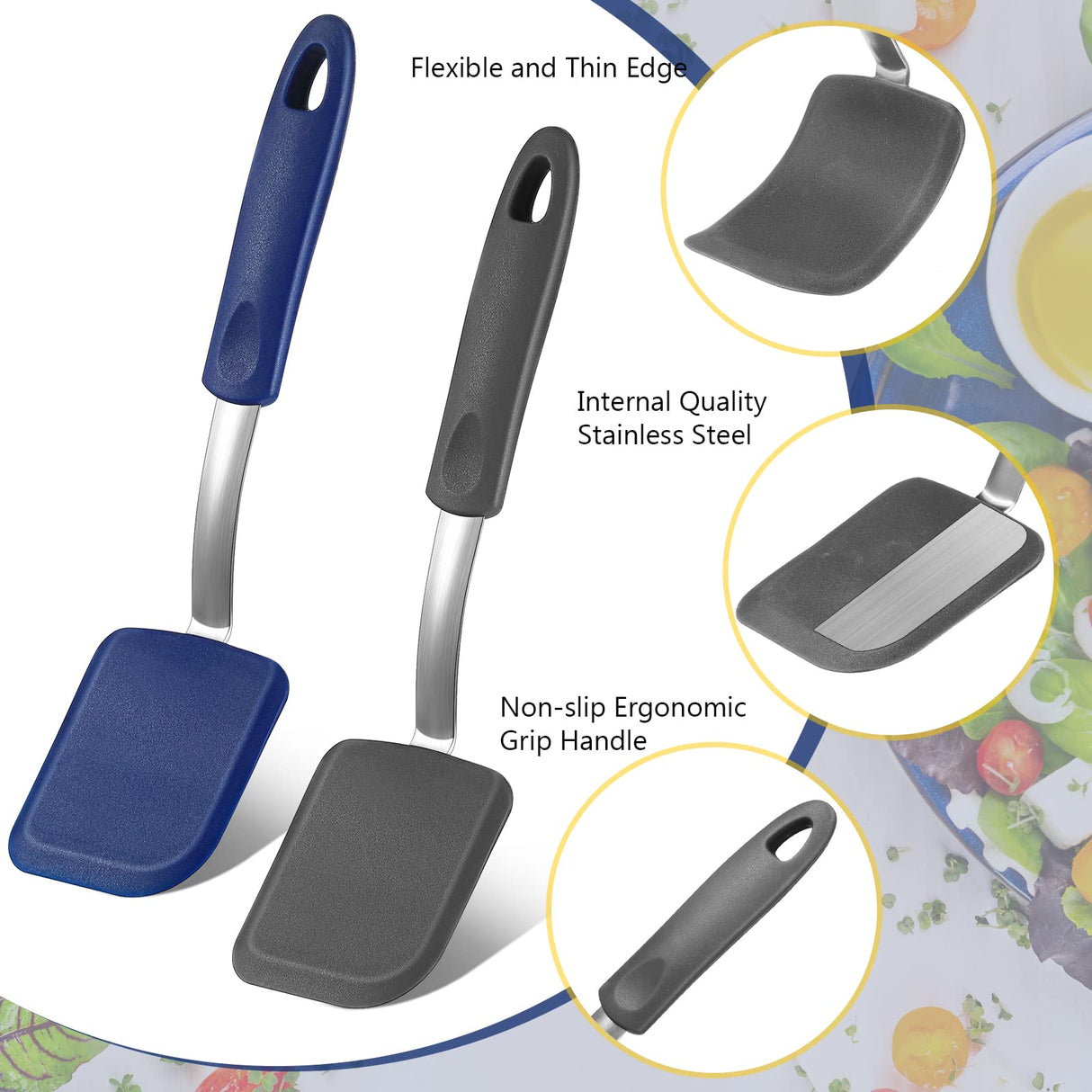 Yetene Silicone Cookie Spatula Turner 2 Pack Mini Brownie Spatula Flexible Kitchen Small Silicone Spatulas for Nonstick Cookware Heat Resistant No Scratch Flipper for Egg Pancake (Gray, Blue) Yetene