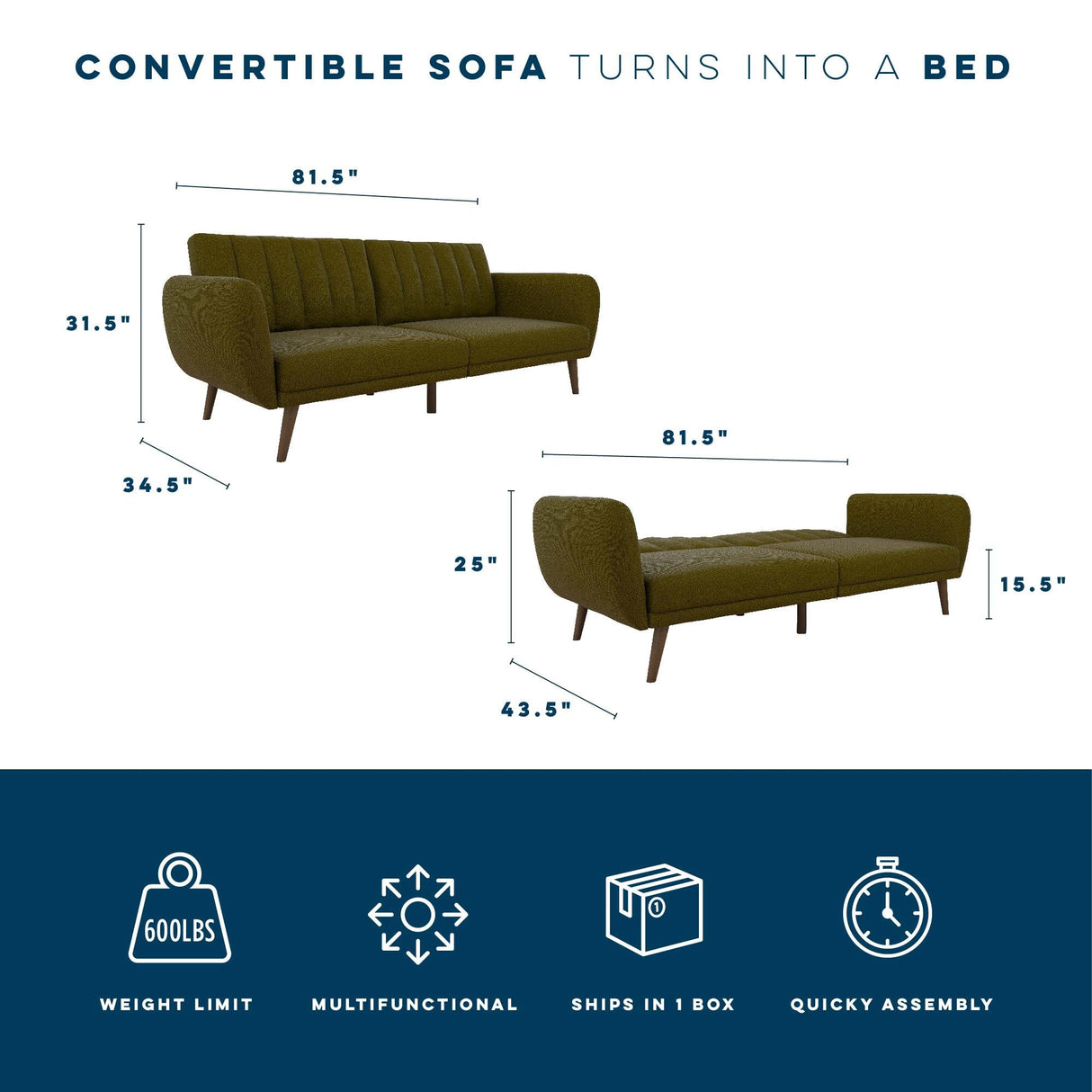 Novogratz Brittany Sofa Futon, Premium Linen Upholstery and Wooden Legs, Green Linen Novogratz