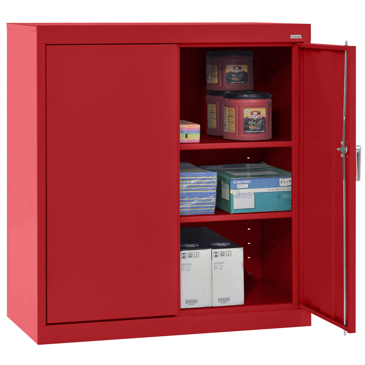 Sandusky CA21361836-01 Classic Series Counter Height Metal Storage Cabinet with Adjustable Shelves, Locking Handle, 18" D x 36" W x 36" H, Red Sandusky
