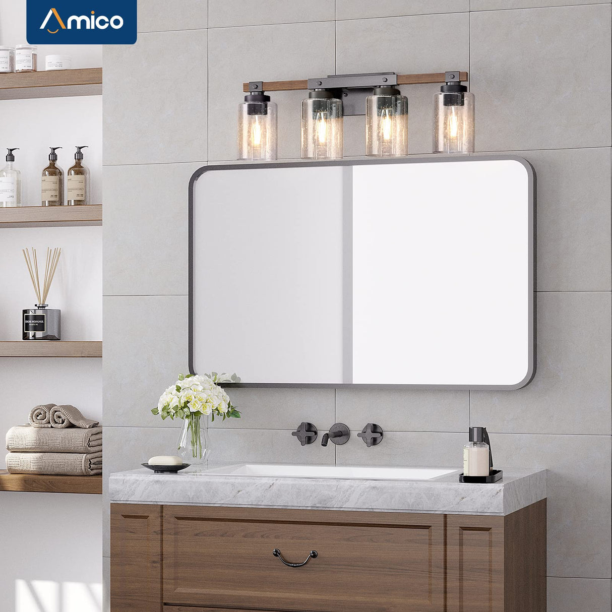 Amico Farmhouse Bathroom Vanity Light Fixtures,Rustic 4-Light Industrial Painted Wood Vanity Lights for Bathroom,Vintage Black Wall Sconces Bathroom Vanity Lighting with Bubble Glass Shade Amico
