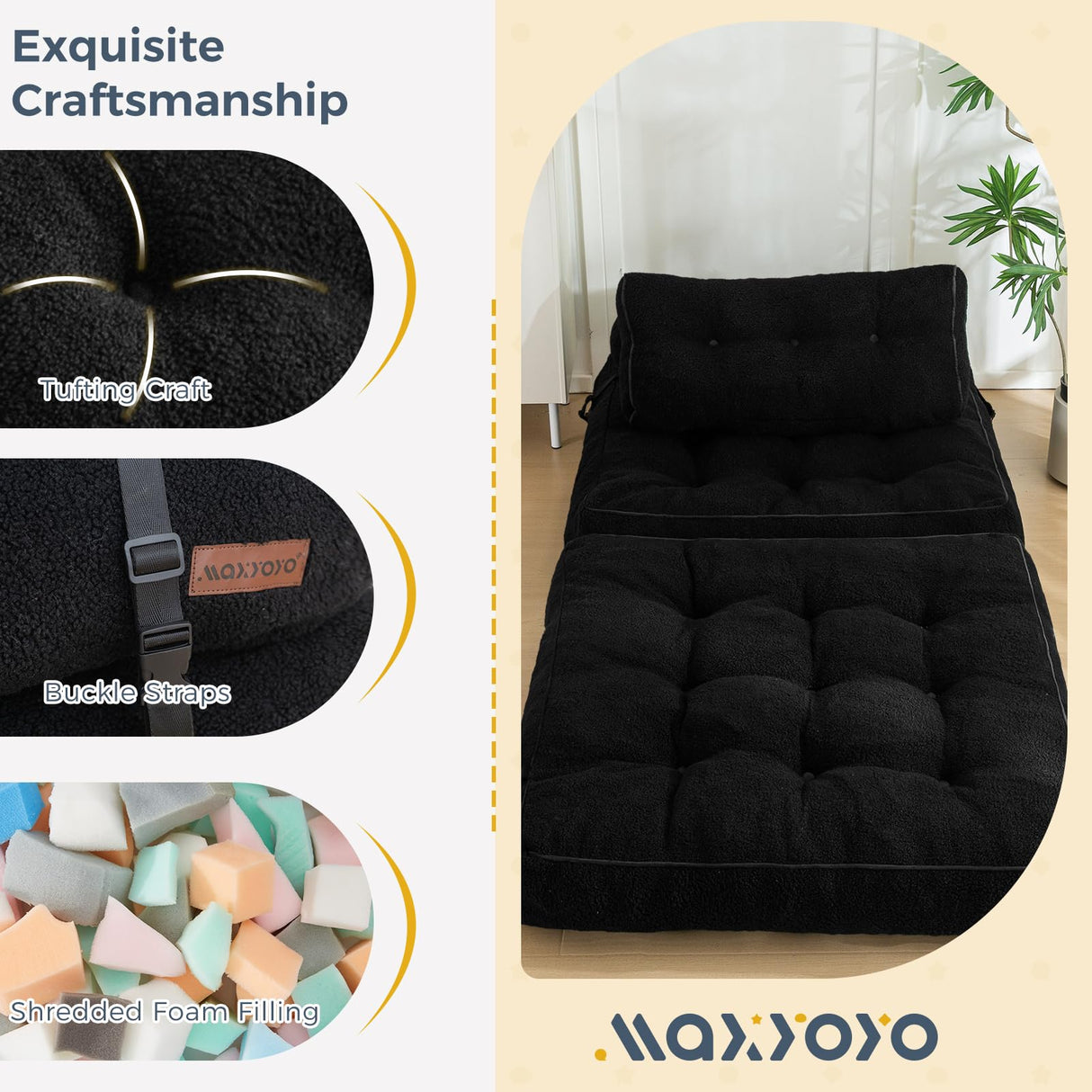 MAXYOYO Folding Sofa Bed, Convertible Sleeper Chair with Pillow Foldable Mattress with Back Support, Portable Fold Out Sofa Couch Fuzzy Fabric Comfy Floor Sofa Lounge for Living Room Apartment, Black MAXYOYO