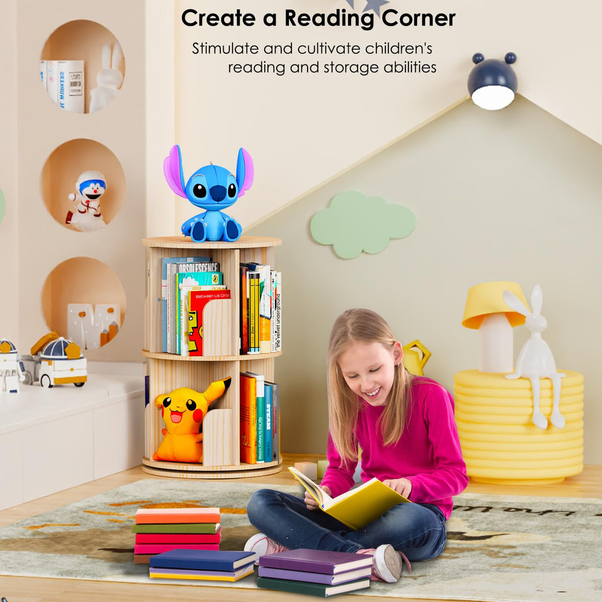 Kinembold Small Rotating Bookshelf, 2 Tier Revolving Bookcase 360 Display Round Spinning Bookshelf Narrow Swivel Corner Book Shelf Standing Bookcase for Kids Bedroom, Living Room Kinembold