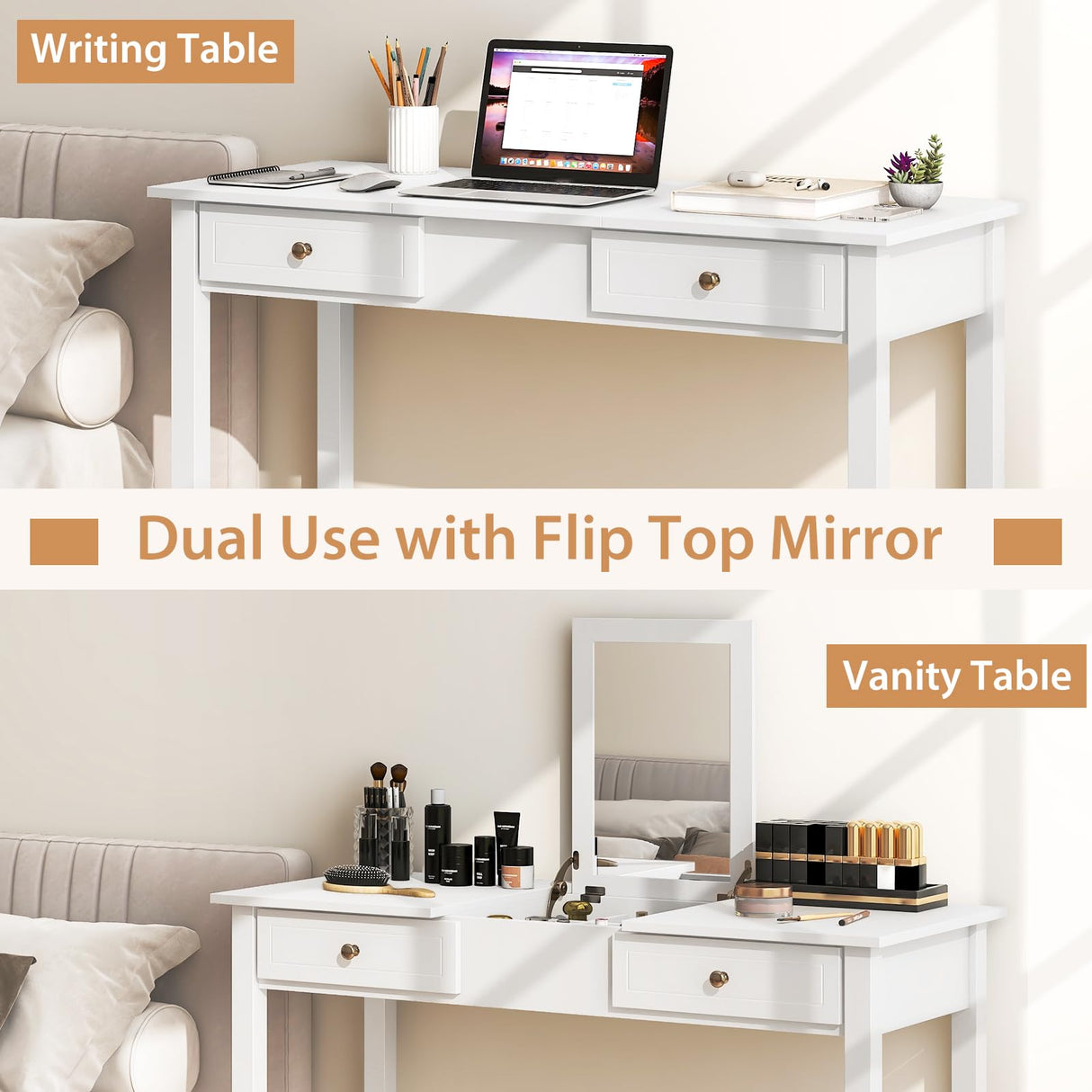 COSTWAY Vanity Desk with Flip Top Mirror, Dressing Table with 2 Drawers & 9 Storage Compartments, 44’’ Modern Makeup Desk for Girls Women Bedroom Dressing Room, White COSTWAY