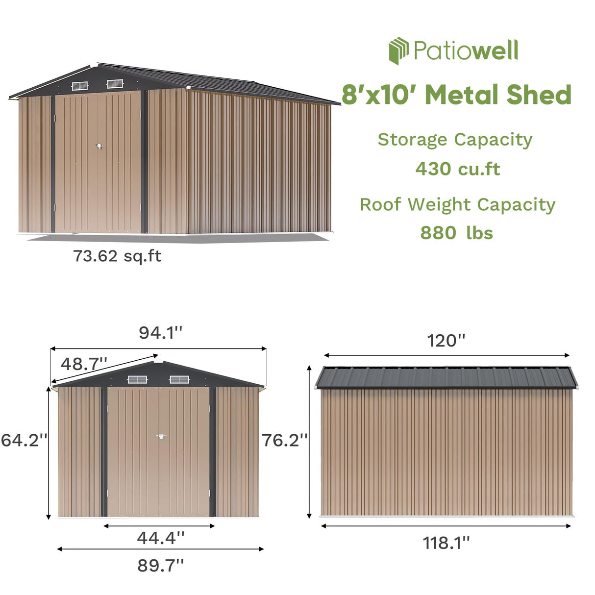 Patiowell 8x10 FT Outdoor Storage Shed, Large Garden Tool Metal Shed with Sloping Roof and Double Lockable Door, Outdoor Shed for Backyard Garden Patio Lawn, Brown Patiowell