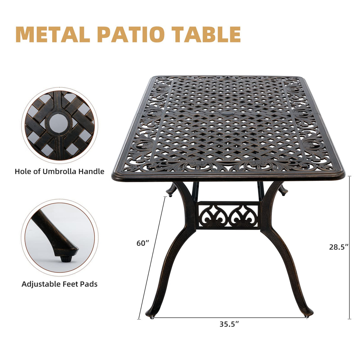 Attliahome 7-Piece Cast Aluminum Outdoor Table and Chairs, Antique Bronze Patio Dining Sets Include 60" Large Patio Dining Table and 6 Chairs with Removable Cushion Attliahome