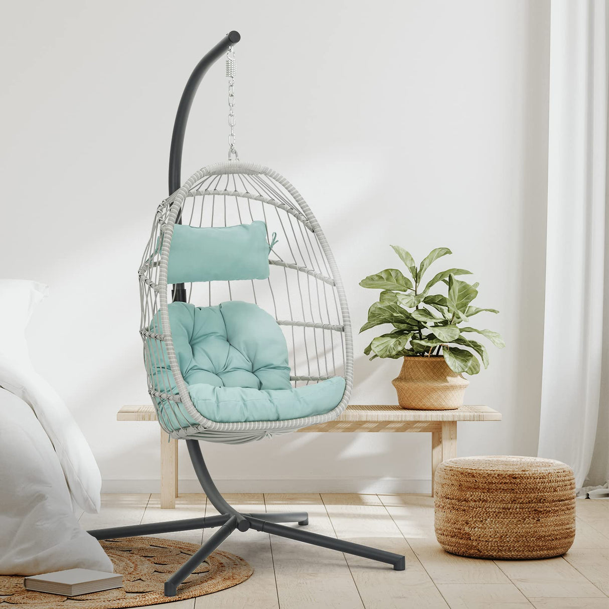 Egg Hanging Chair with Stand Hammock Egg Chair Indoor Outdoor, Wicker Rattan Hanging Swing Chair Basket Egg Chair Aluminum Steel Frame and UV Resistant Cushion for Bedroom Garden Backyard Light Blue XIAO WEI