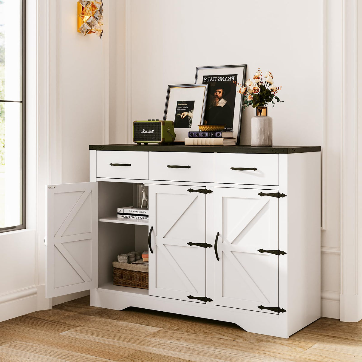 Maupvit 42.5" Farmhouse Buffet Cabinet with Storage, Coffee Bar Cabinet with 3 Drawers and 3 Barn Doors, Sideboard Cabinet, Wood Buffet Table Storage Cabinet for Kitchen, Dining Room,Living Room,White Maupvit
