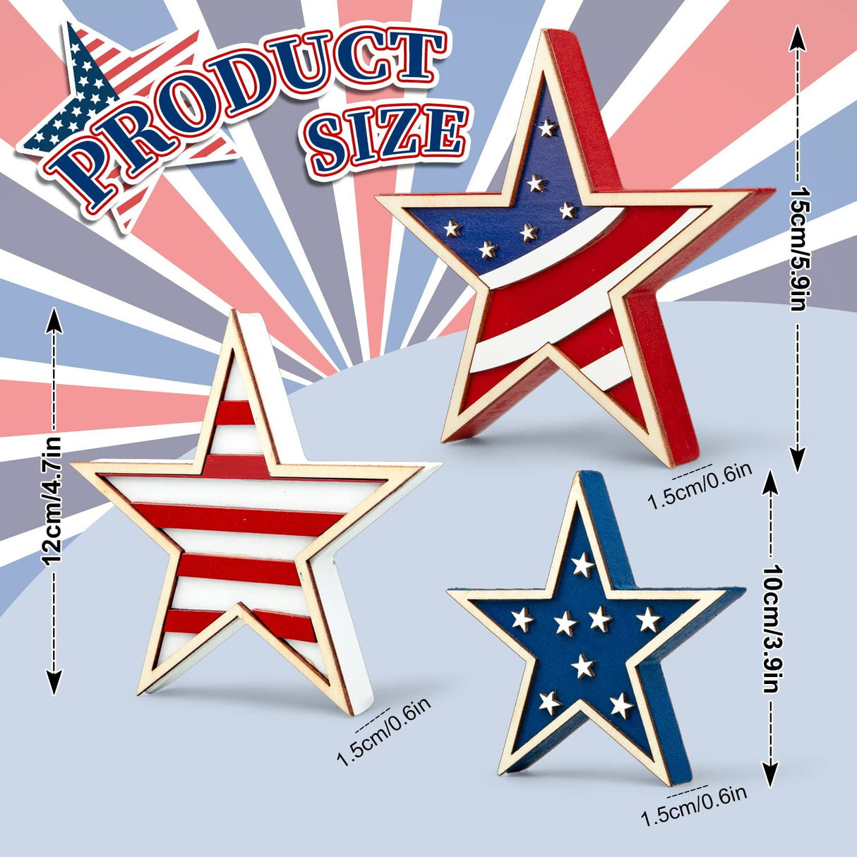 Whaline 4th of July Star Table Decor Patriotic Embossed Stars Stripes Wooden Sign American Flag Tiered Tray Table Centerpiece Farmhouse Wood Block Tabletop for Independence Day Memorial Day, 3Pcs Whaline