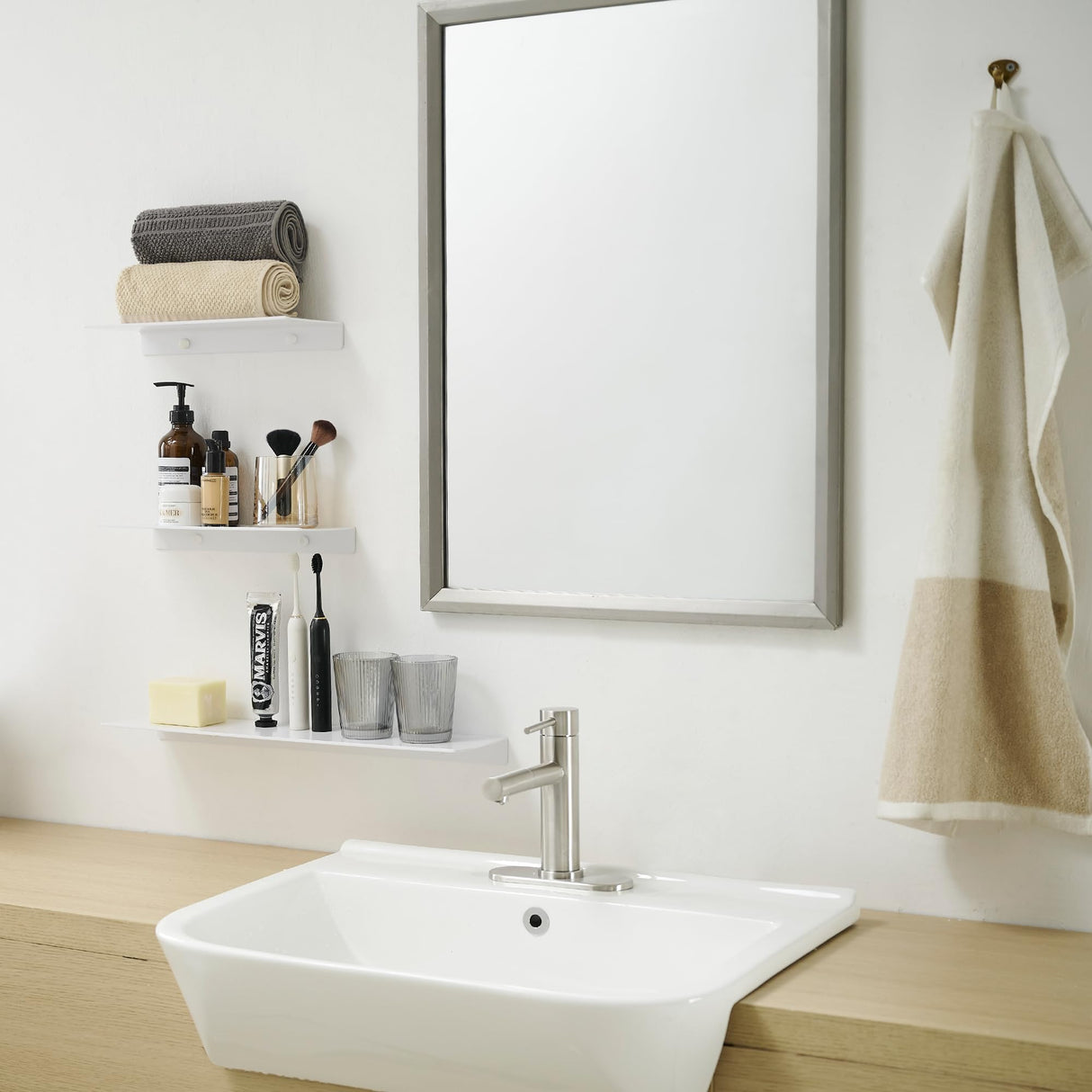 JOOM Small Metal Wall Floating Shelf - Metal Wall Shelf, Black Floating Shelf, Small Bathroom Shelf, Display Shelves for Storage (White, 8 Inch) JOOM