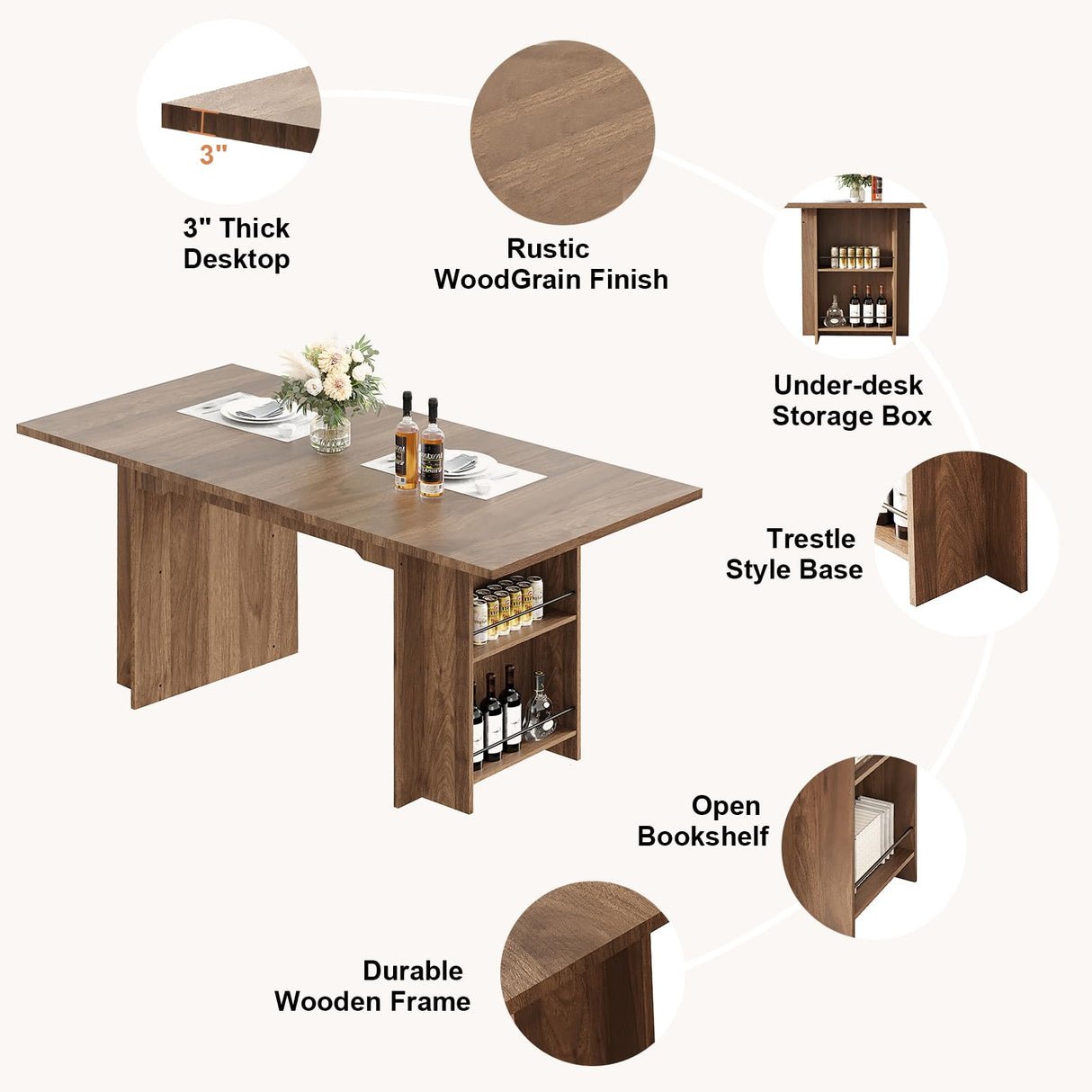 GarveeHome 63 Inch Farmhouse Dining Table with 4 Storage Shelves, Seats 4-6, Rustic Wooden Rectangle Kitchen Table for Dining Room, Living Room, Eazy Assembly, Walnut GarveeHome