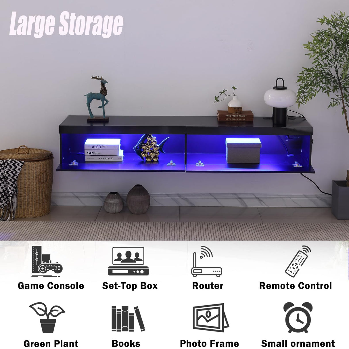 wuleen Floating TV Stand, 71" Floating Entertainment Center Wall Mounted,Floating Wall Mounted TV Shelf with Led Lights and Power Outlet,Modern High Gloss tv Cabinet Media Console with Storage wuleen