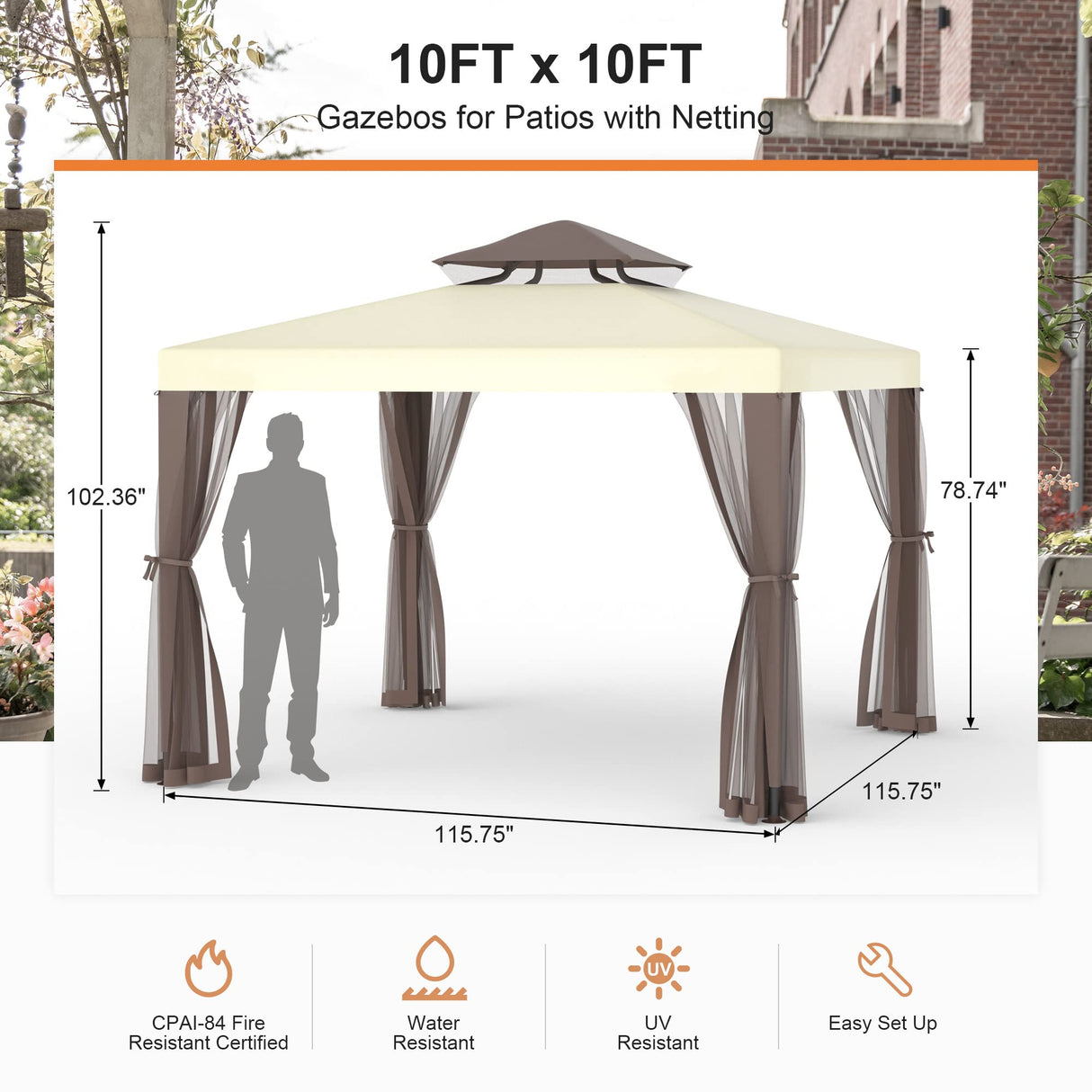 Gazebo, 10x10 Patio Gazebo Waterproof Canopy Tent UV-Resistant 2-Tier Top Sturdy Outdoor Canopy Tent for Camping with Mosquito Netting for Garden Patio Backyard(10FT x 10FT) Phonjoroo
