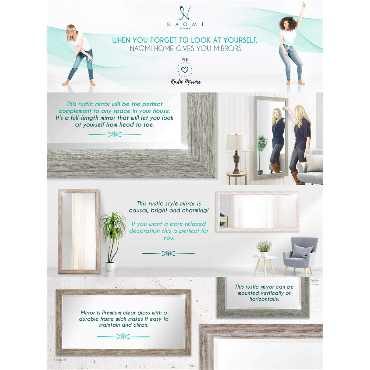 Naomi Home Farmhouse Full-Length Mirror with Wood Frame – Rustic 66"x32" Large Floor Mirror, Elegant Full Body Standing or Wall Mirror, Rustic Wood Mirror Full Length for Bedroom, Warm Grey Finish Naomi Home