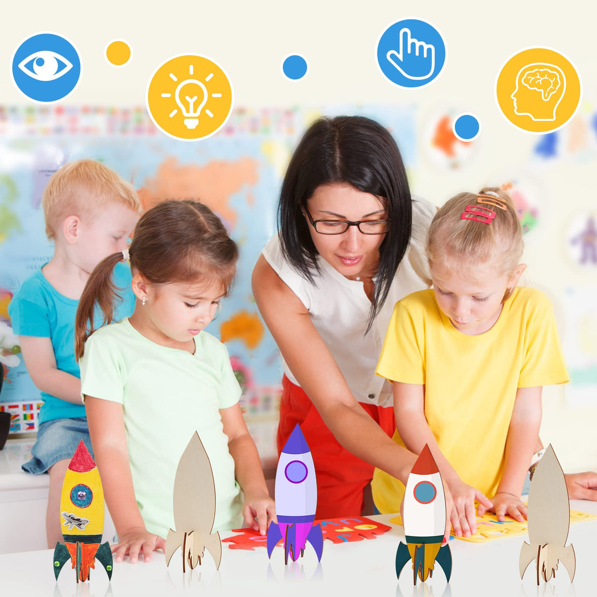 BAPHILE 12 Pack DIY Wood Rocket, Mini and Decorate Wooden Craft Kits With Tools for Kids School Home Party Decor Projects BAPHILE