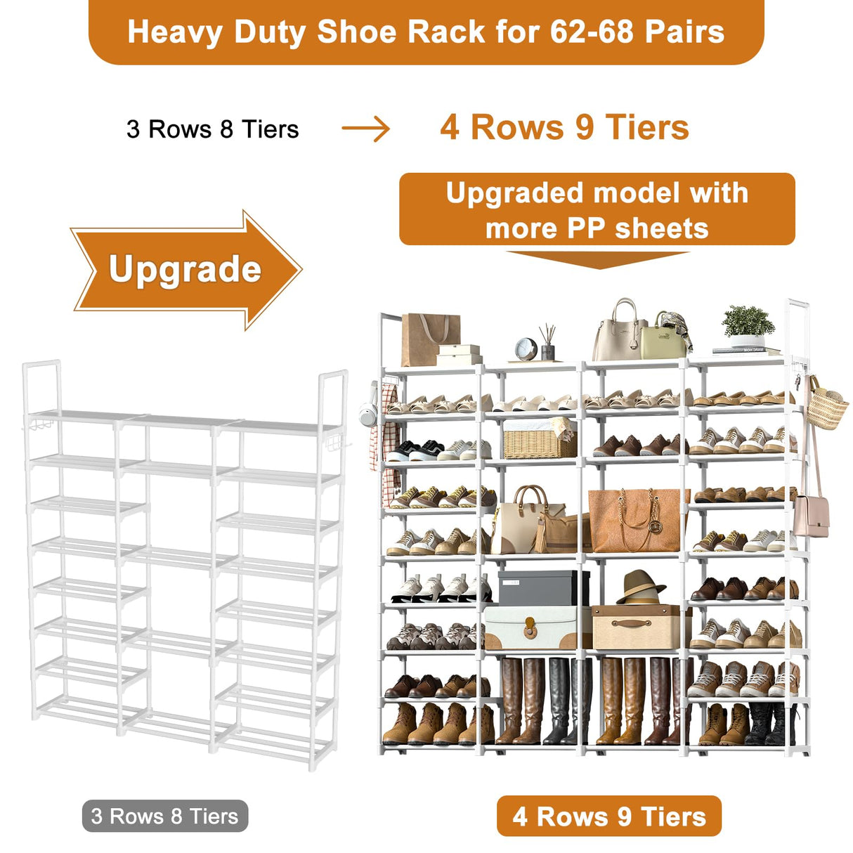 WOWLIVE 4 Row 9 Tiers Extra Large Shoe Rack 64-72 Pairs Big Tall Metal Shoe Shelf, Heavy Duty Organizer for Closet Entryway, Boot Rack Storage Stackable Stand for Garage White WOWLIVE