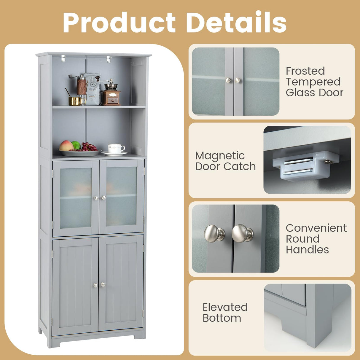 COSTWAY 64” Grey Freestanding Bathroom Storage Cabinet with Glass Doors and Adjustable Shelves COSTWAY