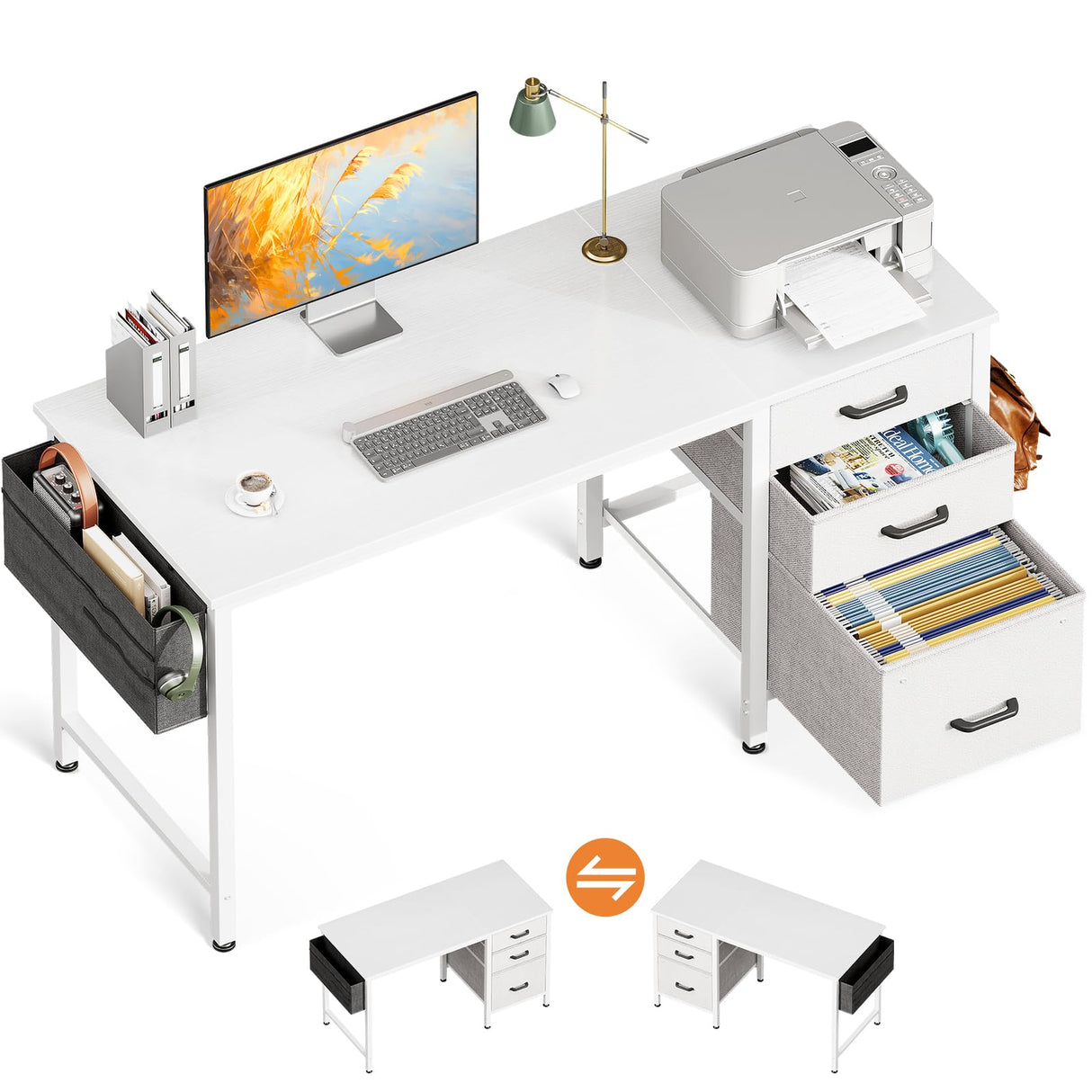 Casaottima 48-Inch Small Computer Desk with Fabric Drawers & File Cabinet, Home Office Desk with Cloth Storage Bag and Hook, Writing Study Work Table for Small Space, Vanity Desk for Bedroom, White Casaottima
