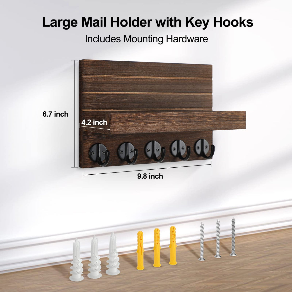 Lwenki Key Holder for Wall, Decorative Key and Mail Holder with Shelf Has Large Key Hooks for Bags, Coats – Paulownia Wood Key Hanger with Mounting Hardware (9.8”W x 6.7”H x 4.2”D) (Brown) Lwenki
