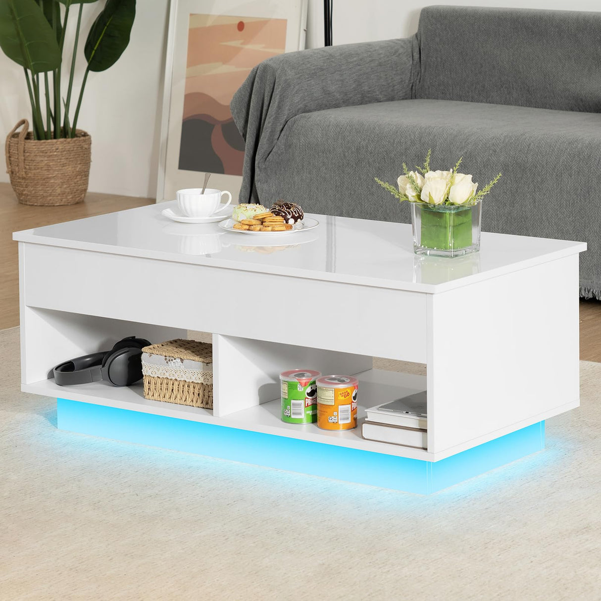 HOMMPA Lift Top Coffee Table with Hidden Storage LED Coffee Table Morden High Gloss White Living Room 3 Tiers Modern Tea Table with Storage Center Tables Hidden Compartment & 2 Open Shelves HOMMPA