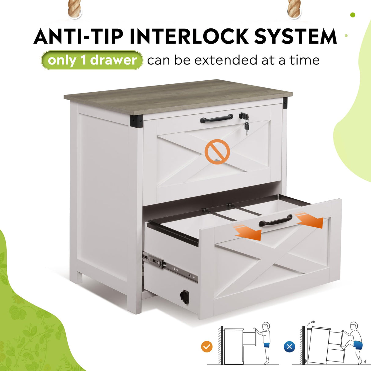 DEVAISE 2 Drawer Farmhouse File Cabinet with Lock, Leteral Filing Cabinet for Letter/Legal/A4 Size, Wood Storage Cabinet for Home Office, White DEVAISE