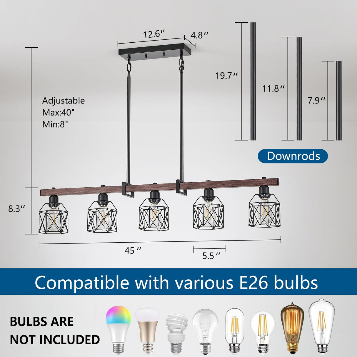 Ruibutrade 5-Light Modern Farmhouse Island Lighting, Adjustable Height Rustic Chandelier with Walnut Metal Frame & Matte Black Geometric Shade, E26 Base Hanging Light for Dining Room Over Table Ruibutrade
