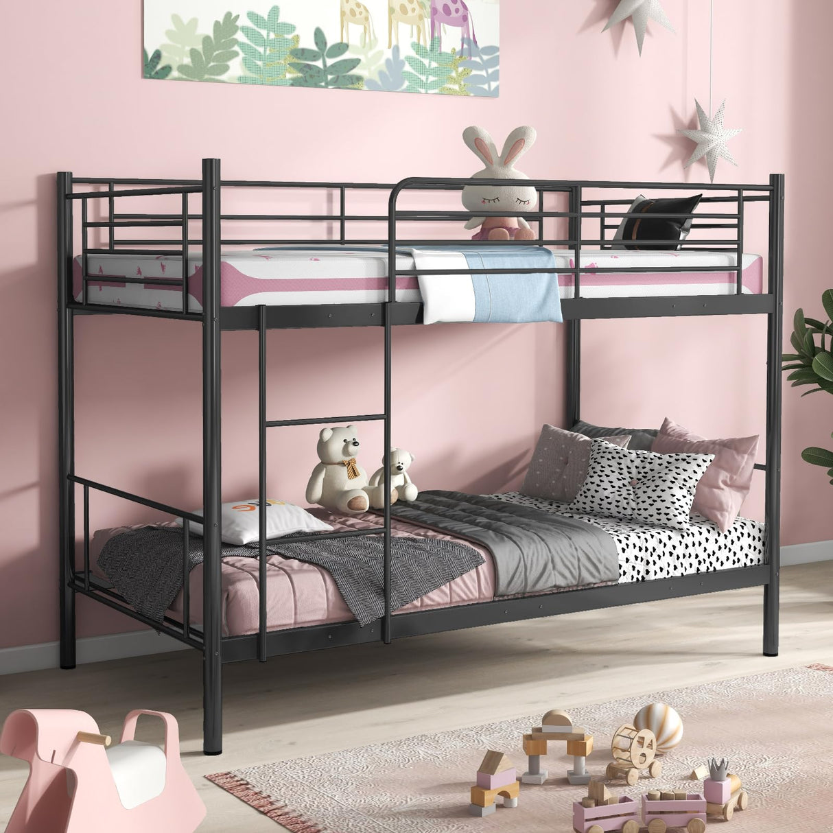 KOMFOTT Metal Twin Over Twin Bunk Bed, Heavy-Duty Metal Bunk Bed Fame with Ladder& Full-Length Guardrails for Kids, Teens & Adults, Space Saving Bunk Bed, No Box Spring Needed KOMFOTT