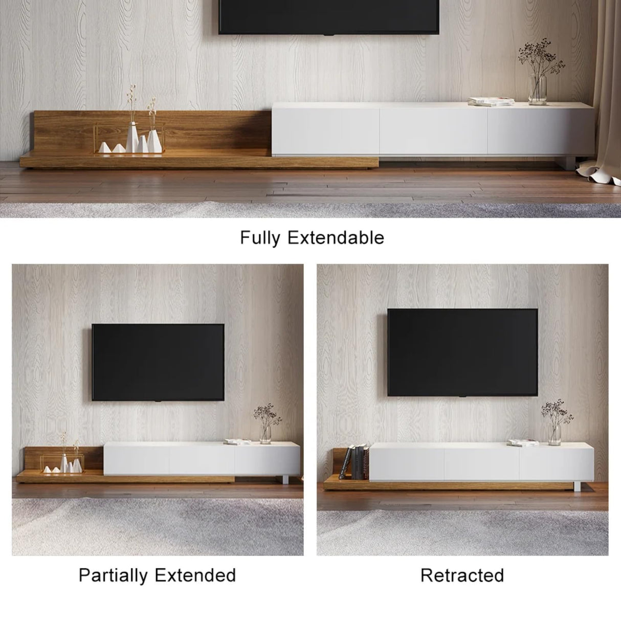 homary Wood Extendable TV Stand Rectangle Entertainment Center with Shelves & Drawers White & Walnut Media Console for Living Room Bedroom homary