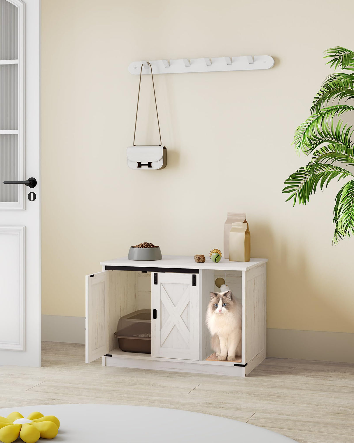 Hzuaneri Cat Litter Box Enclosure, Hidden Litter Box Cabinet Furniture with Bell, Indoor Cats House, Farmhouse Style, 31.5 x 19.7 x 20.9Inches, for Hallway, Bedroom, White CB82414B Hzuaneri