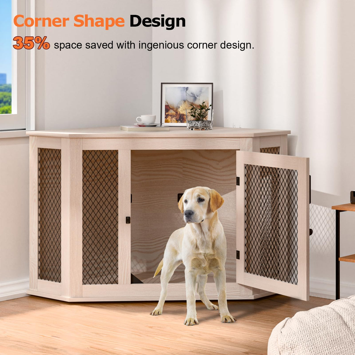 VENDORZ Corner Dog Crate Furniture, 52" Wooden Dog Kennel Furniture End Table with Mesh, Dog Kennel Indoor Furniture for Small Medium Large Dogs, Modern Decorative Wood Pet House Dog Cage Crate, Grey VENDORZ